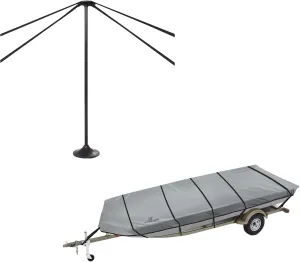 Explore Land Adjustable Boat Support Pole Bundle with Jon Boat Cover Fits Jon Boat 18' Long Beam Width up to 78", Grey