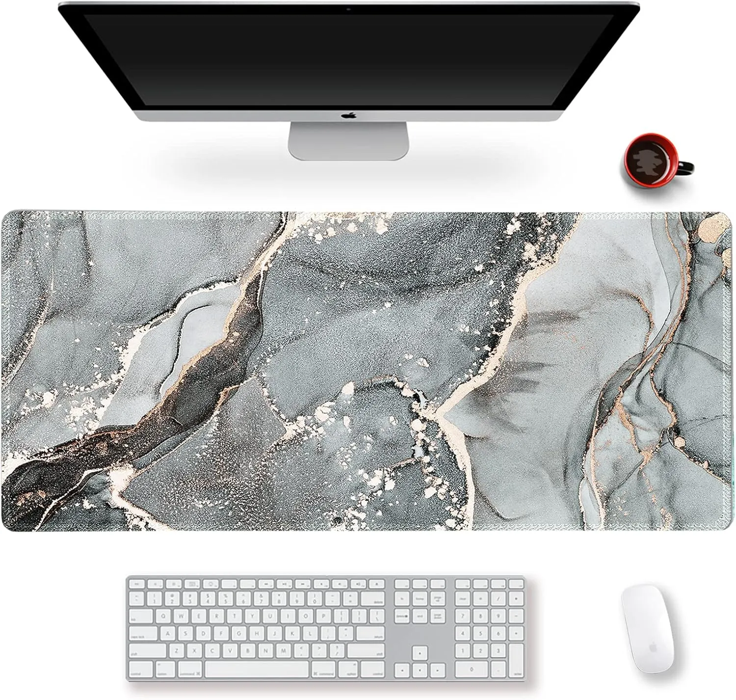 Extended Gaming Mouse Pad XXL ArtSo Large Keyboard Mat Long Mousepad Desk Decor Writing Pad Non Slip Rubber Base Stitched Edges for Work, Game, Office, Home, 35.1" x 15.7", Green Blue Marble