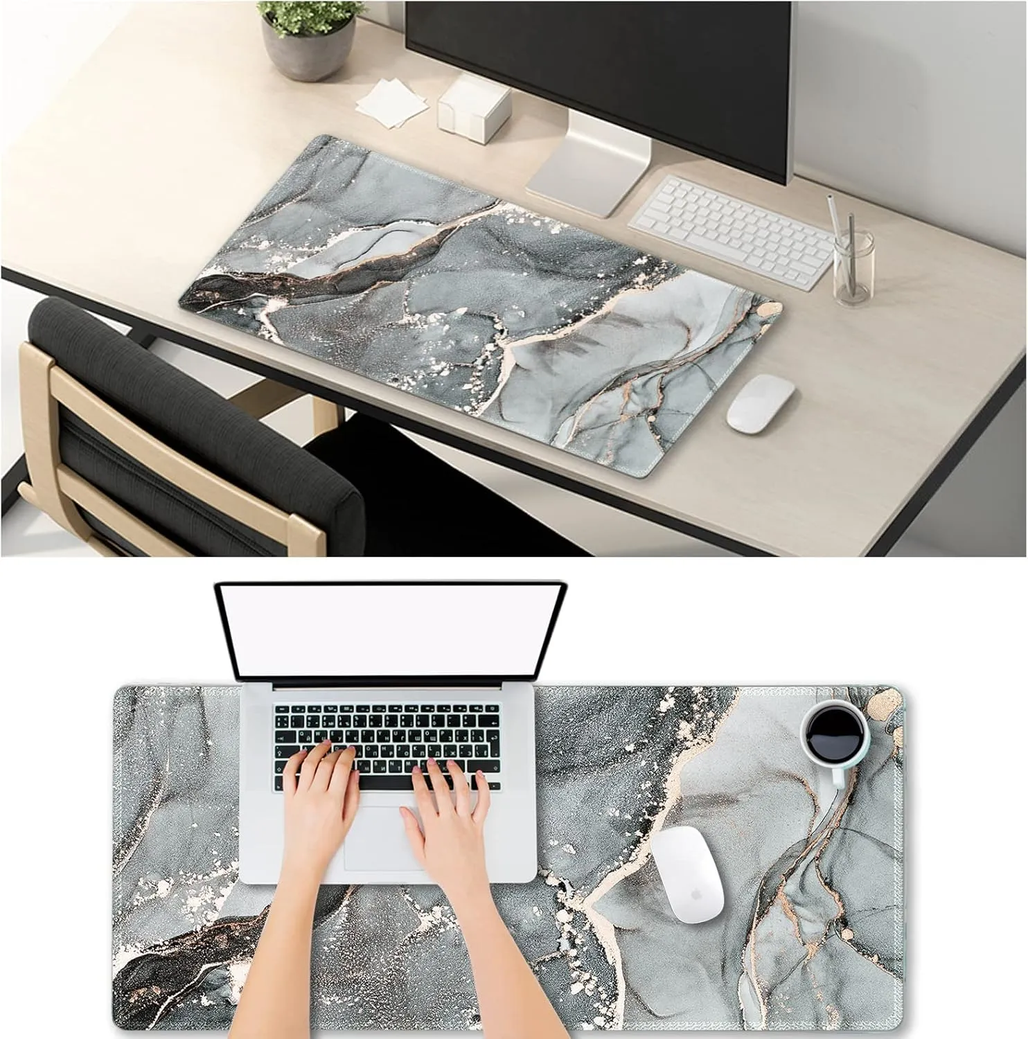 Extended Gaming Mouse Pad XXL ArtSo Large Keyboard Mat Long Mousepad Desk Decor Writing Pad Non Slip Rubber Base Stitched Edges for Work, Game, Office, Home, 35.1" x 15.7", Green Blue Marble