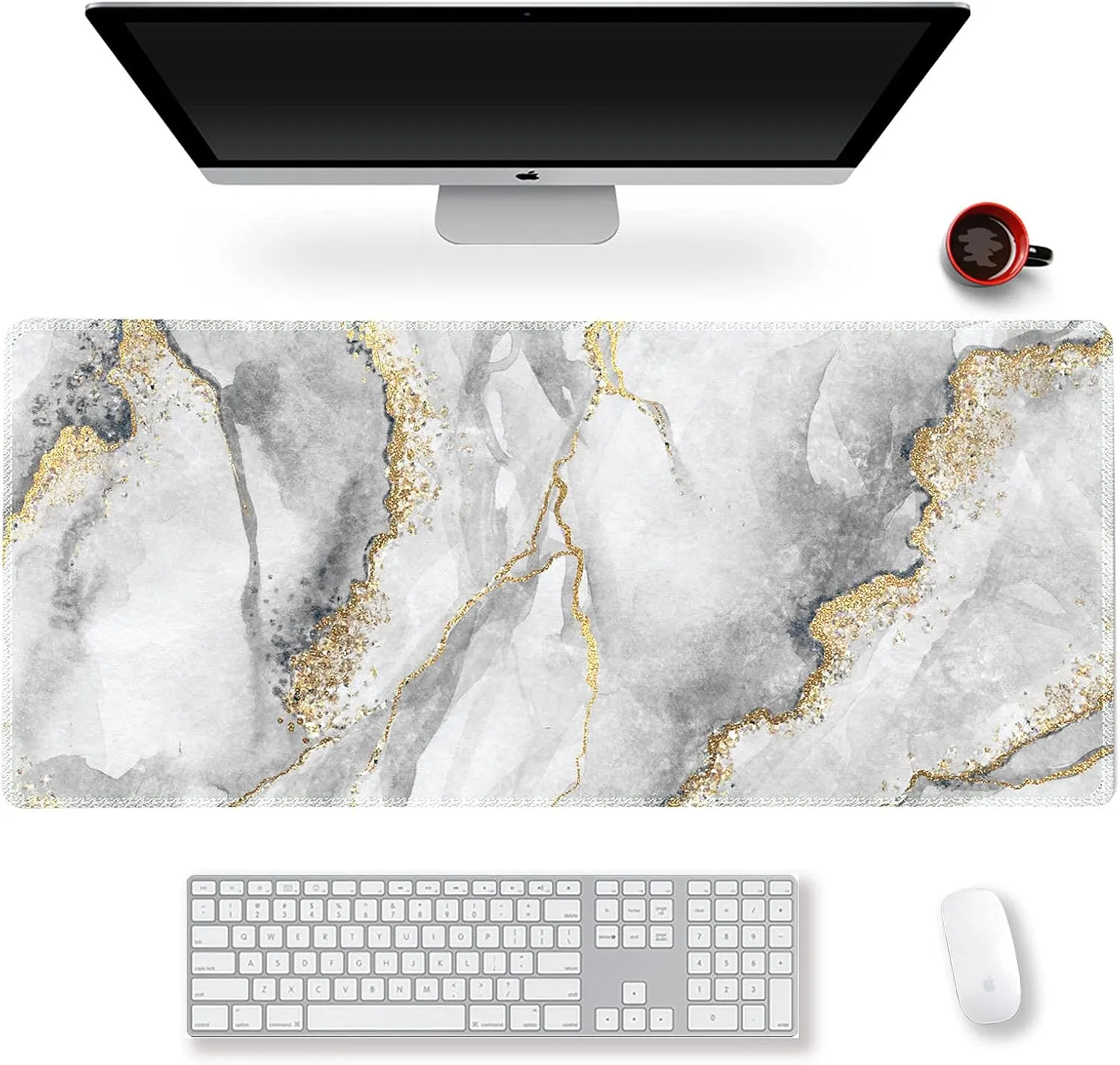 Extended Gaming Mouse Pad XXL ArtSo Large Keyboard Mat Long Mousepad Desk Decor Writing Pad Non Slip Rubber Base Stitched Edges for Work, Game, Office, Home, 35.1" x 15.7", Grey Marble