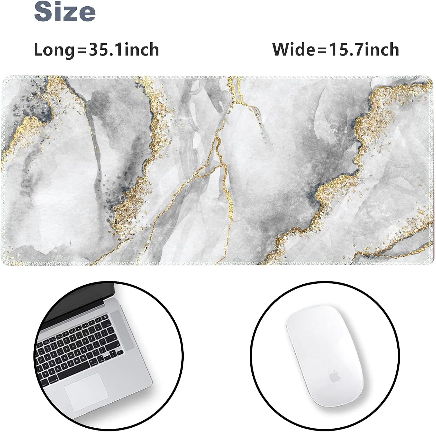 Extended Gaming Mouse Pad XXL ArtSo Large Keyboard Mat Long Mousepad Desk Decor Writing Pad Non Slip Rubber Base Stitched Edges for Work, Game, Office, Home, 35.1" x 15.7", Grey Marble