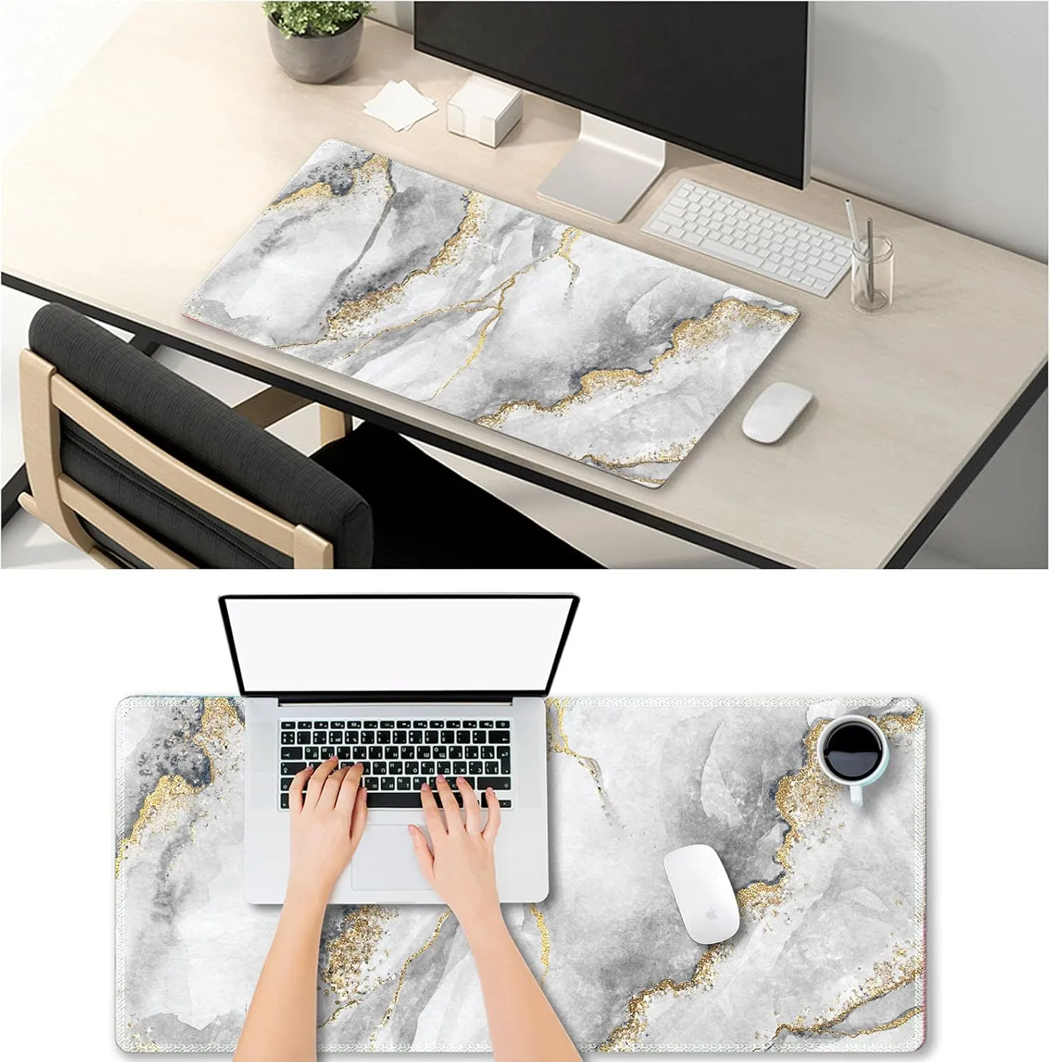 Extended Gaming Mouse Pad XXL ArtSo Large Keyboard Mat Long Mousepad Desk Decor Writing Pad Non Slip Rubber Base Stitched Edges for Work, Game, Office, Home, 35.1" x 15.7", Grey Marble