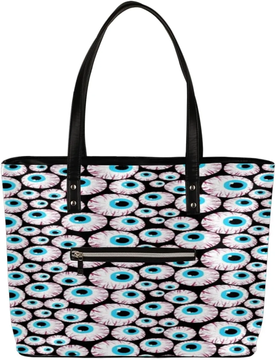 Eyeballs Horror Tote Bag Women Shoulder Handbags PU Leather Everyday Bag with External Pocket Large Capacity Aesthetic Corduroy Tote Bag for Travel Work Party