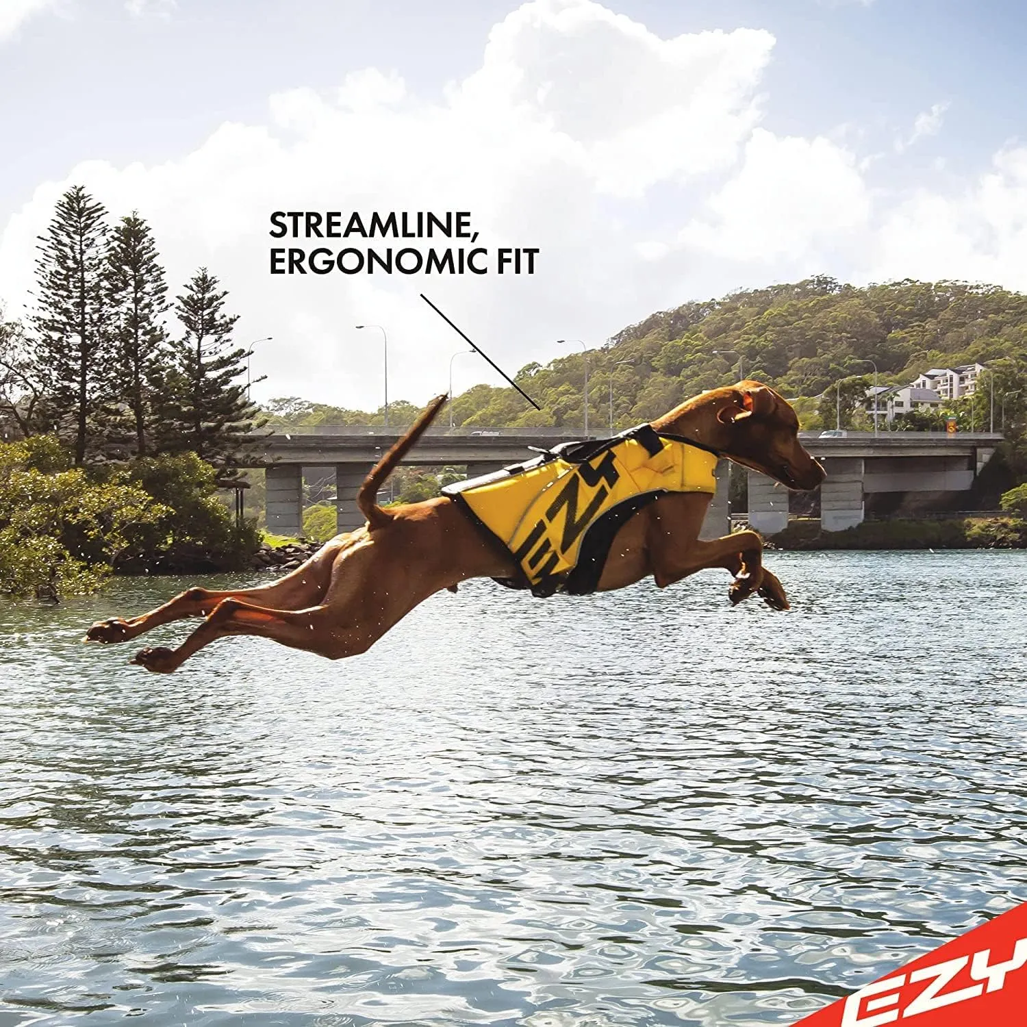 EzyDog DFD X2 Dog Life Jacket - Adjustable Swimming Safety Life Vest Preserver with Continuous Neck Flotation, Reflective Trim, & Grab Handle (Medium, Yellow)