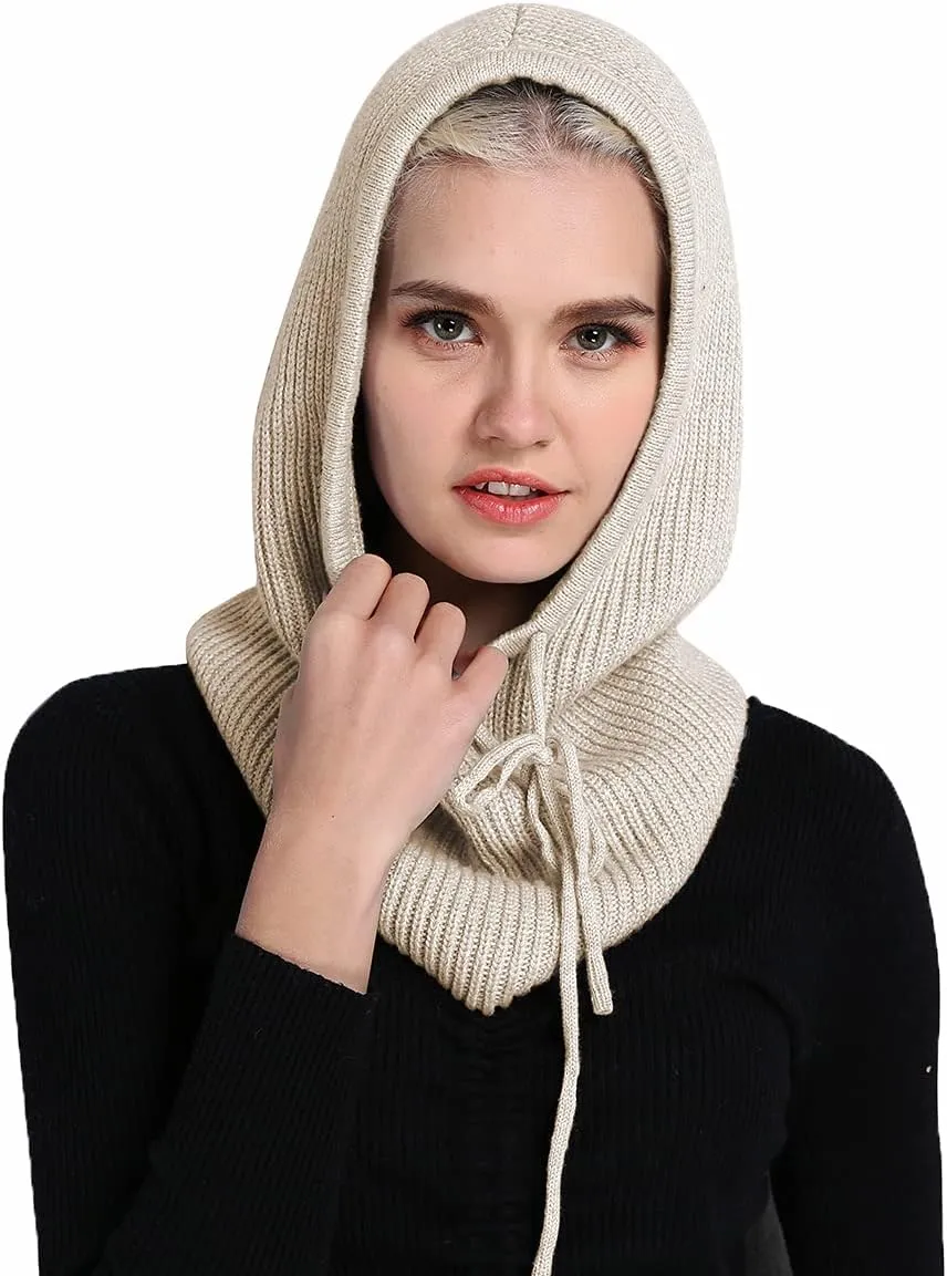 Facecozy Winter Hats for Women, Wool Blend Hooded Scarf Hat for Women Balaclava Knit Skull Cap Beanie Hat Men Neck Gaiters