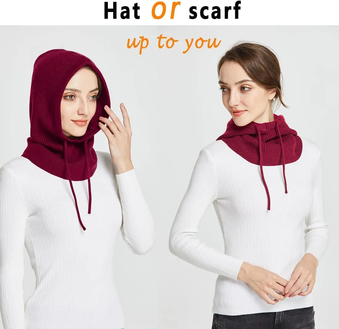 Facecozy Winter Hats for Women, Wool Blend Hooded Scarf Hat for Women Balaclava Knit Skull Cap Beanie Hat Men Neck Gaiters