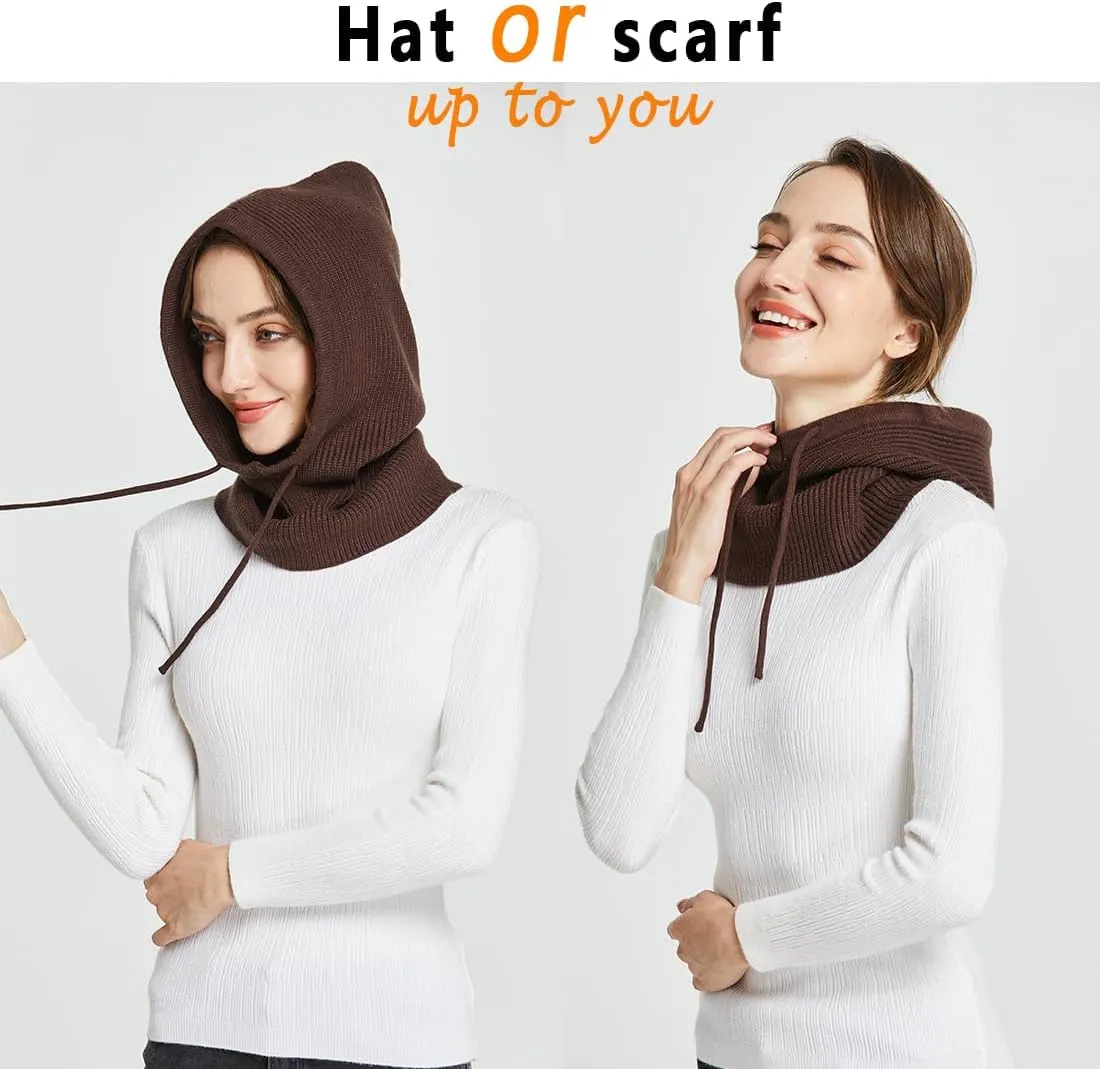 Facecozy Winter Hats for Women, Wool Blend Hooded Scarf Hat for Women Balaclava Knit Skull Cap Beanie Hat Men Neck Gaiters