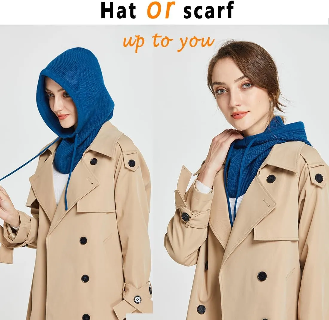 Facecozy Winter Hats for Women, Wool Blend Hooded Scarf Hat for Women Balaclava Knit Skull Cap Beanie Hat Men Neck Gaiters