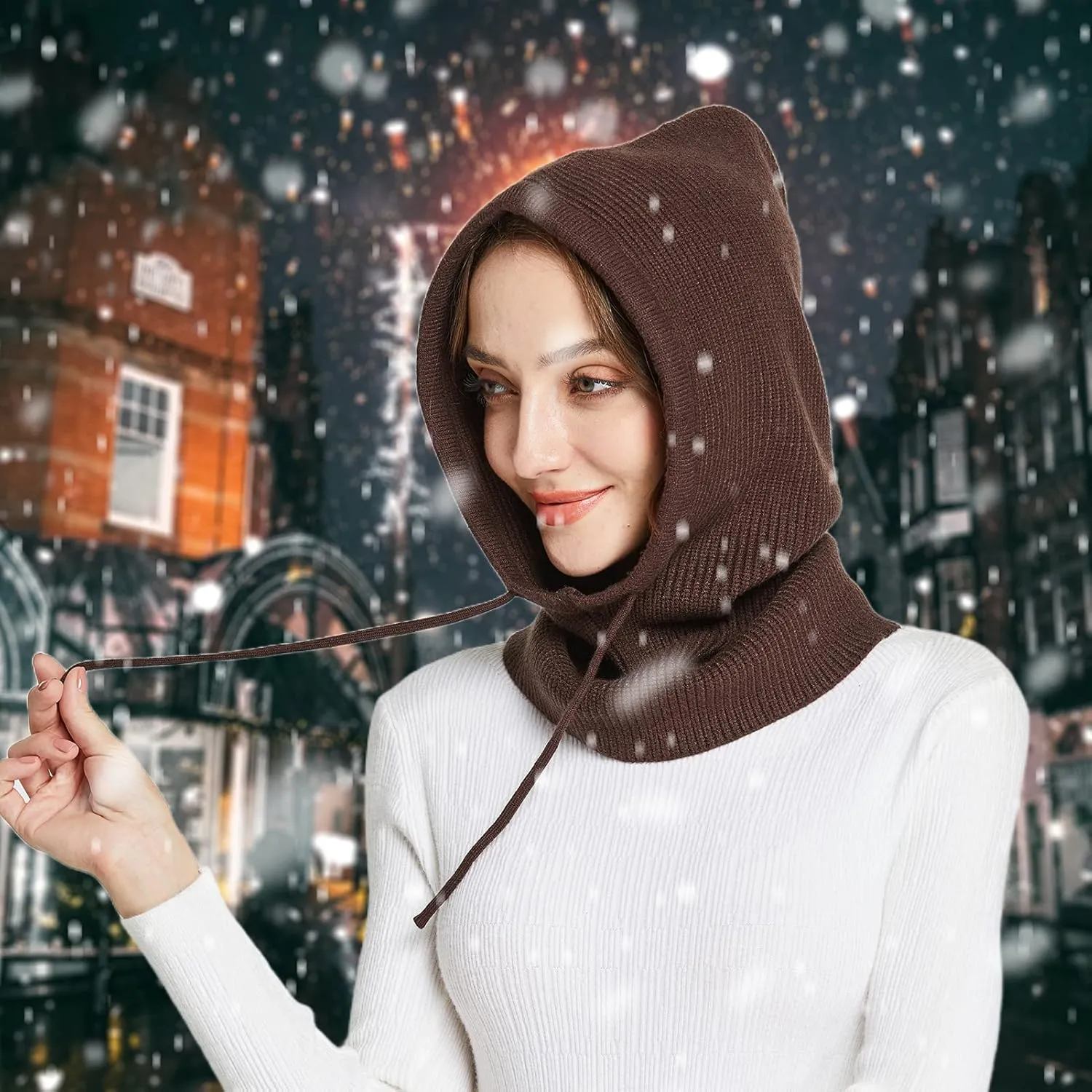 Facecozy Winter Hats for Women, Wool Blend Hooded Scarf Hat for Women Balaclava Knit Skull Cap Beanie Hat Men Neck Gaiters