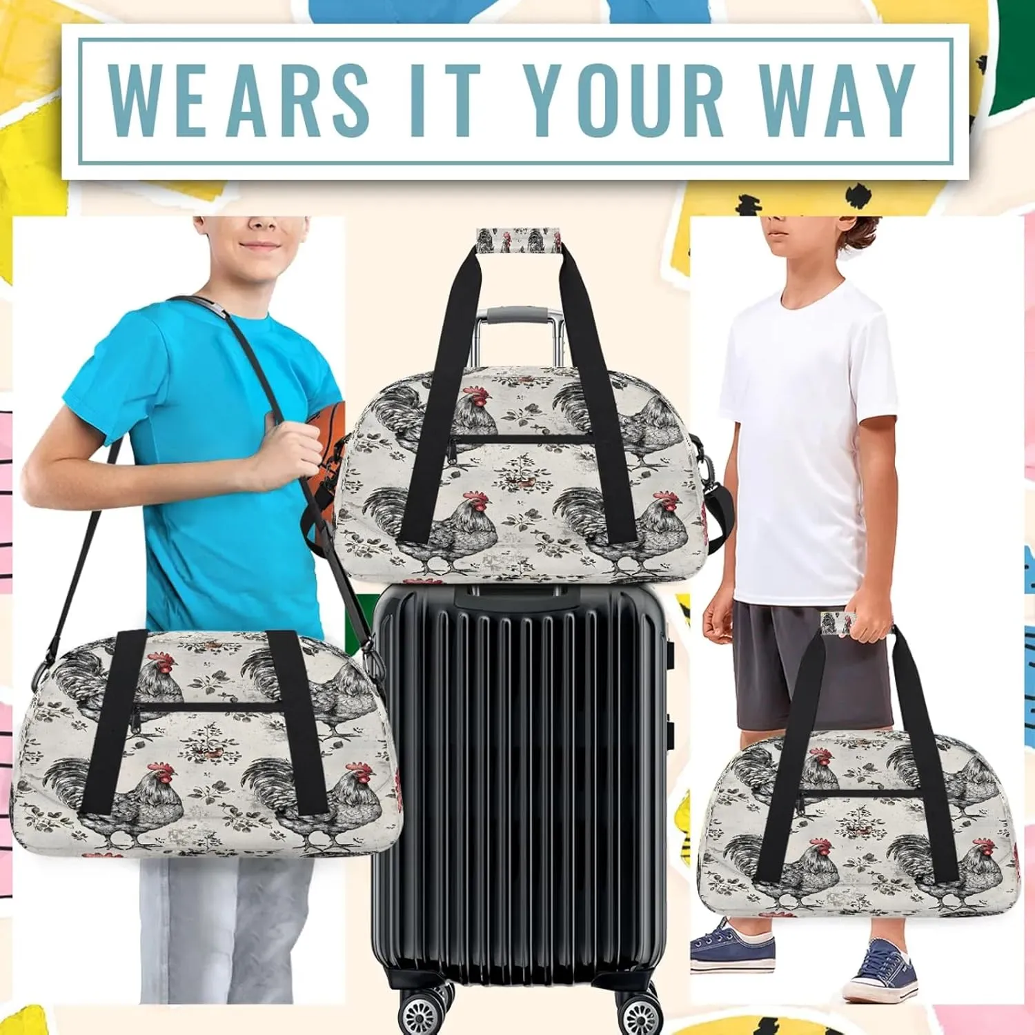 Farmhouse Chicken Hen Small Gym Bag 18 inch Carry On Duffel Bag for Weekender Travel Sports Workout Yoga Gymnastics Dance Ballet