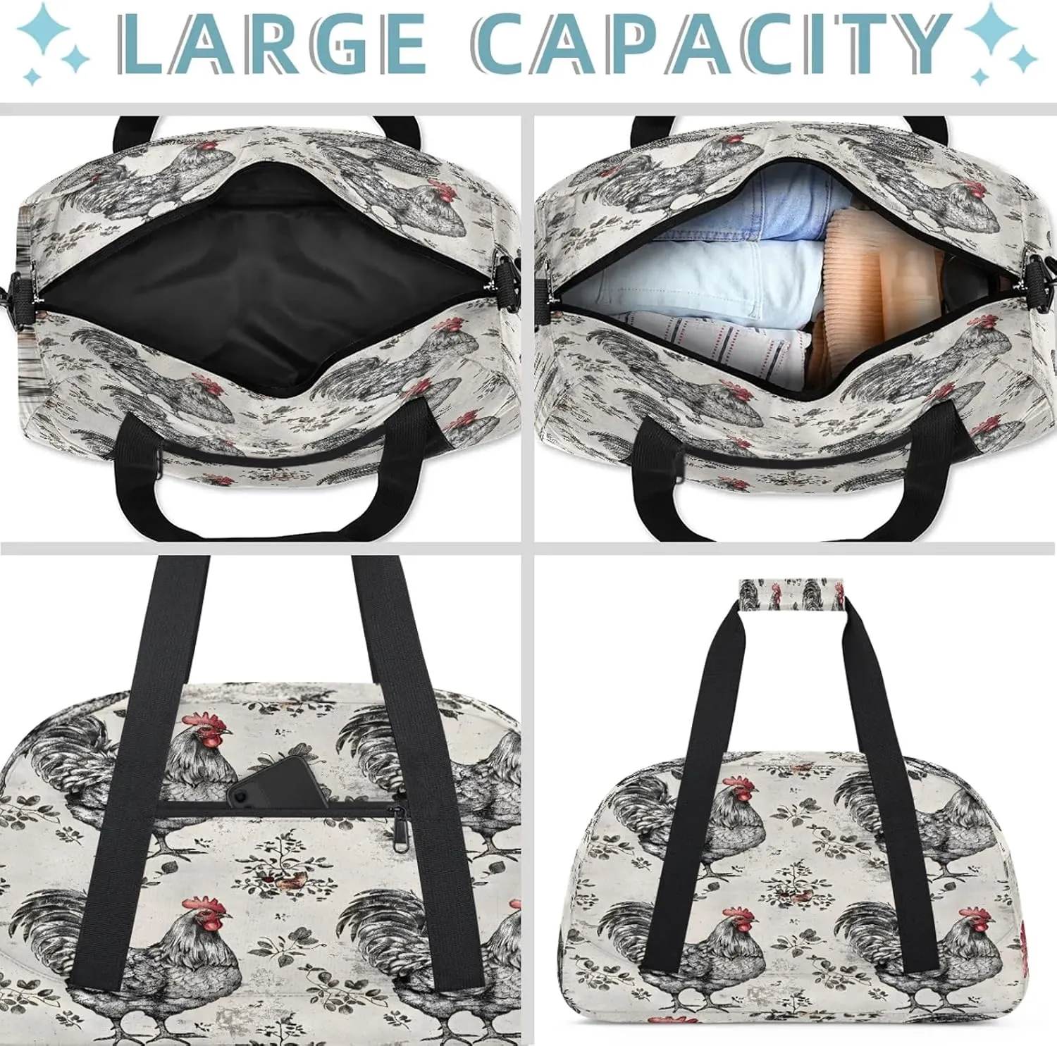 Farmhouse Chicken Hen Small Gym Bag 18 inch Carry On Duffel Bag for Weekender Travel Sports Workout Yoga Gymnastics Dance Ballet