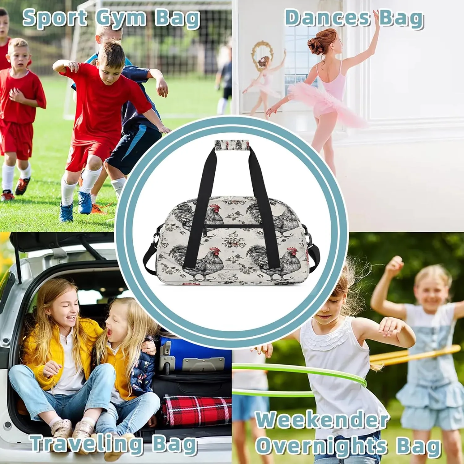 Farmhouse Chicken Hen Small Gym Bag 18 inch Carry On Duffel Bag for Weekender Travel Sports Workout Yoga Gymnastics Dance Ballet