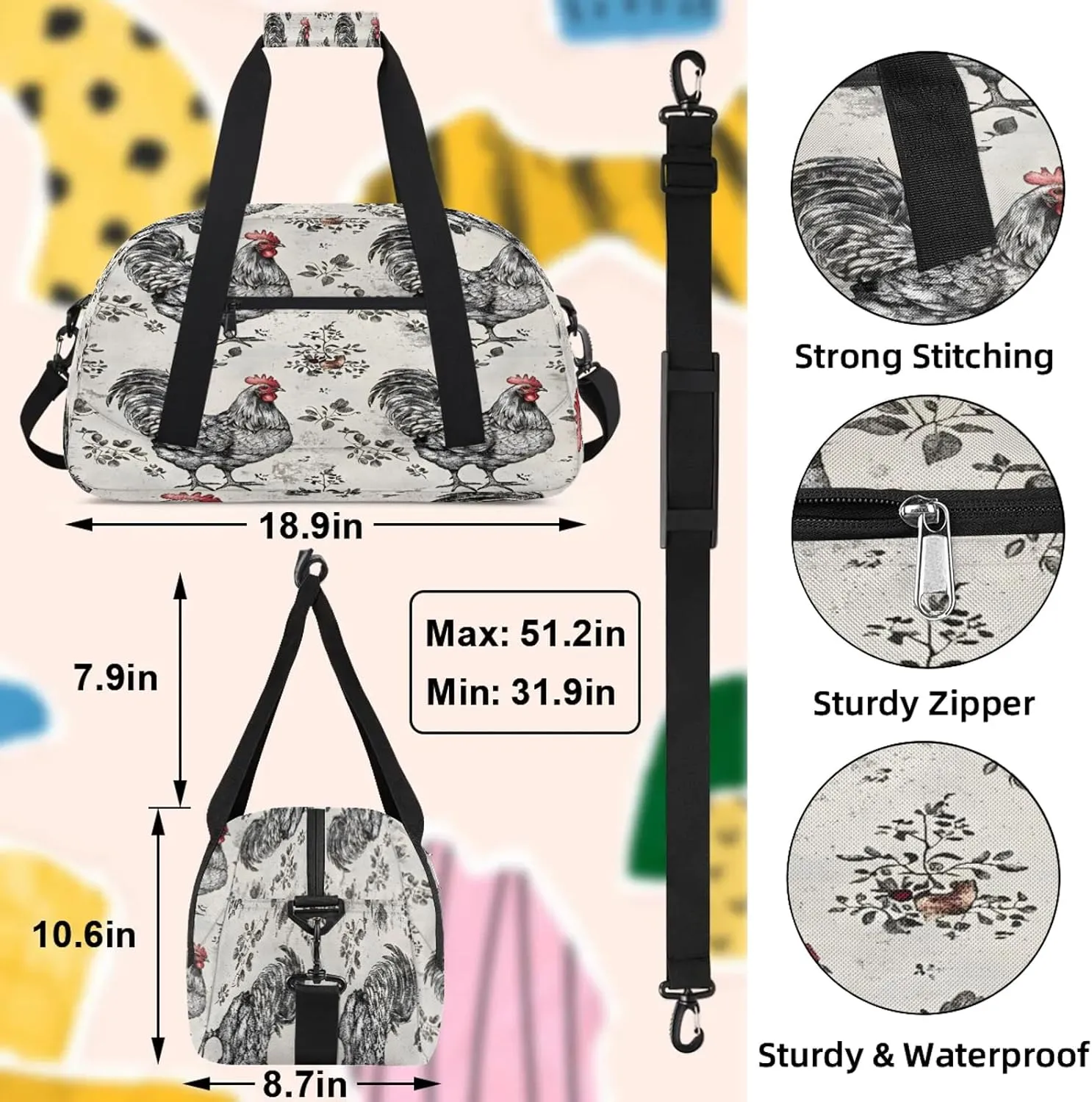 Farmhouse Chicken Hen Small Gym Bag 18 inch Carry On Duffel Bag for Weekender Travel Sports Workout Yoga Gymnastics Dance Ballet