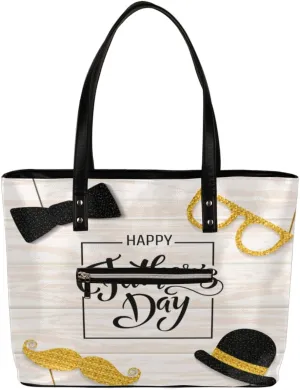 Father's Day Theme Tote Bag Women Shoulder Handbags PU Leather Everyday Bag with External Pocket Large Capacity Aesthetic Corduroy Tote Bag for Travel Work Party