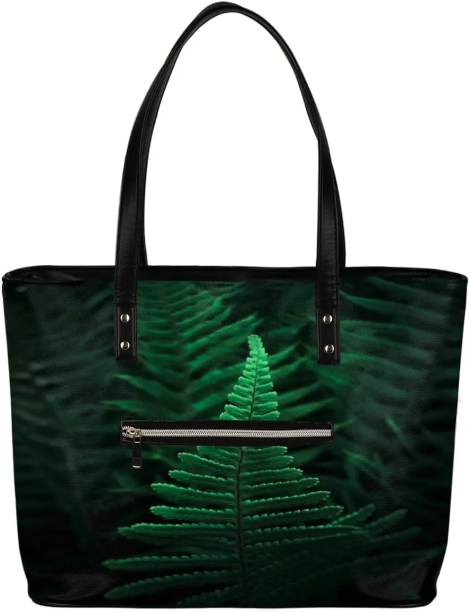 Ferns Green Plants Tote Bag Women Shoulder Handbags PU Leather Everyday Bag with External Pocket Large Capacity Aesthetic Corduroy Tote Bag for Travel Work Party