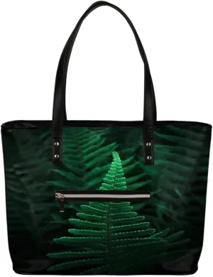 Ferns Green Plants Tote Bag Women Shoulder Handbags PU Leather Everyday Bag with External Pocket Large Capacity Aesthetic Corduroy Tote Bag for Travel Work Party