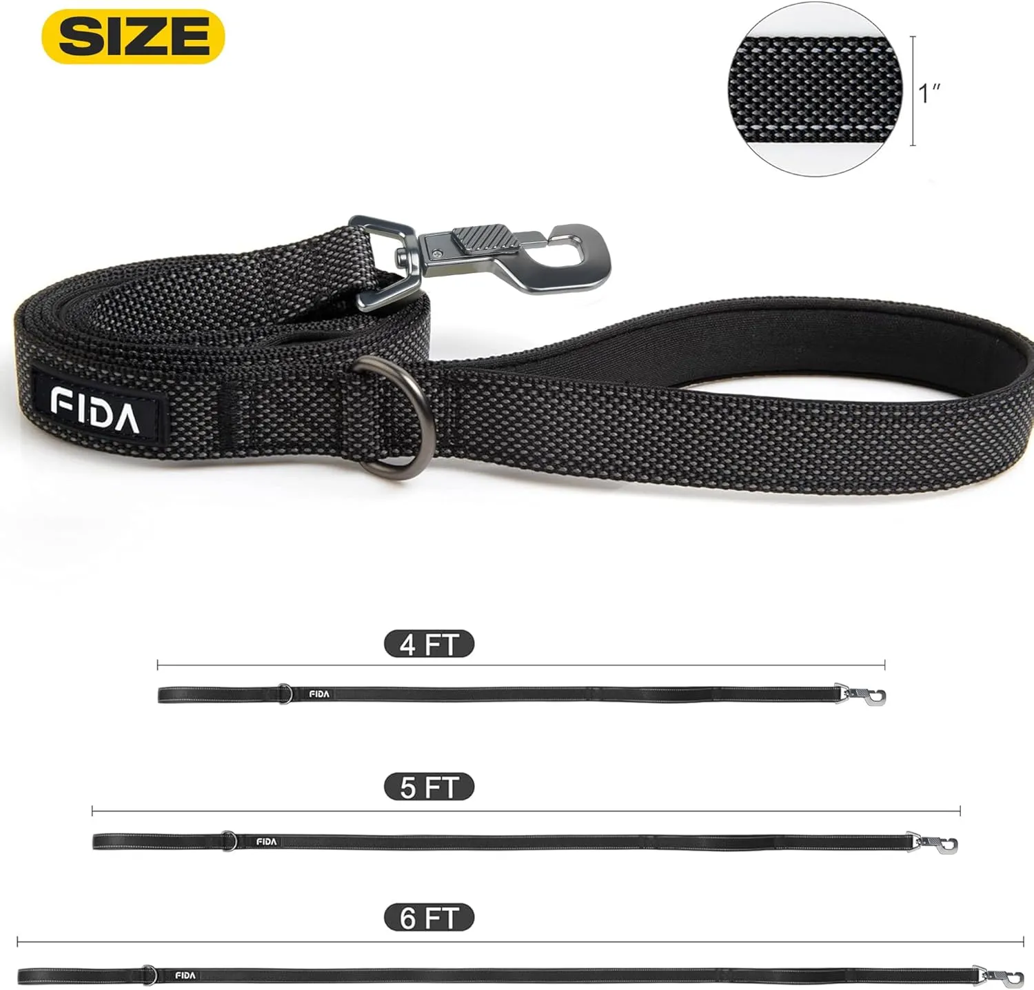 Fida 4 FT Heavy Duty Dog Leash with 2 Comfortable Padded Handles, Traffic Handle & Advanced Easy Snap Hook, Reflective Walking Lead for Large, Medium & Small Breed Dogs (4 FT x 1" Wide, Black)