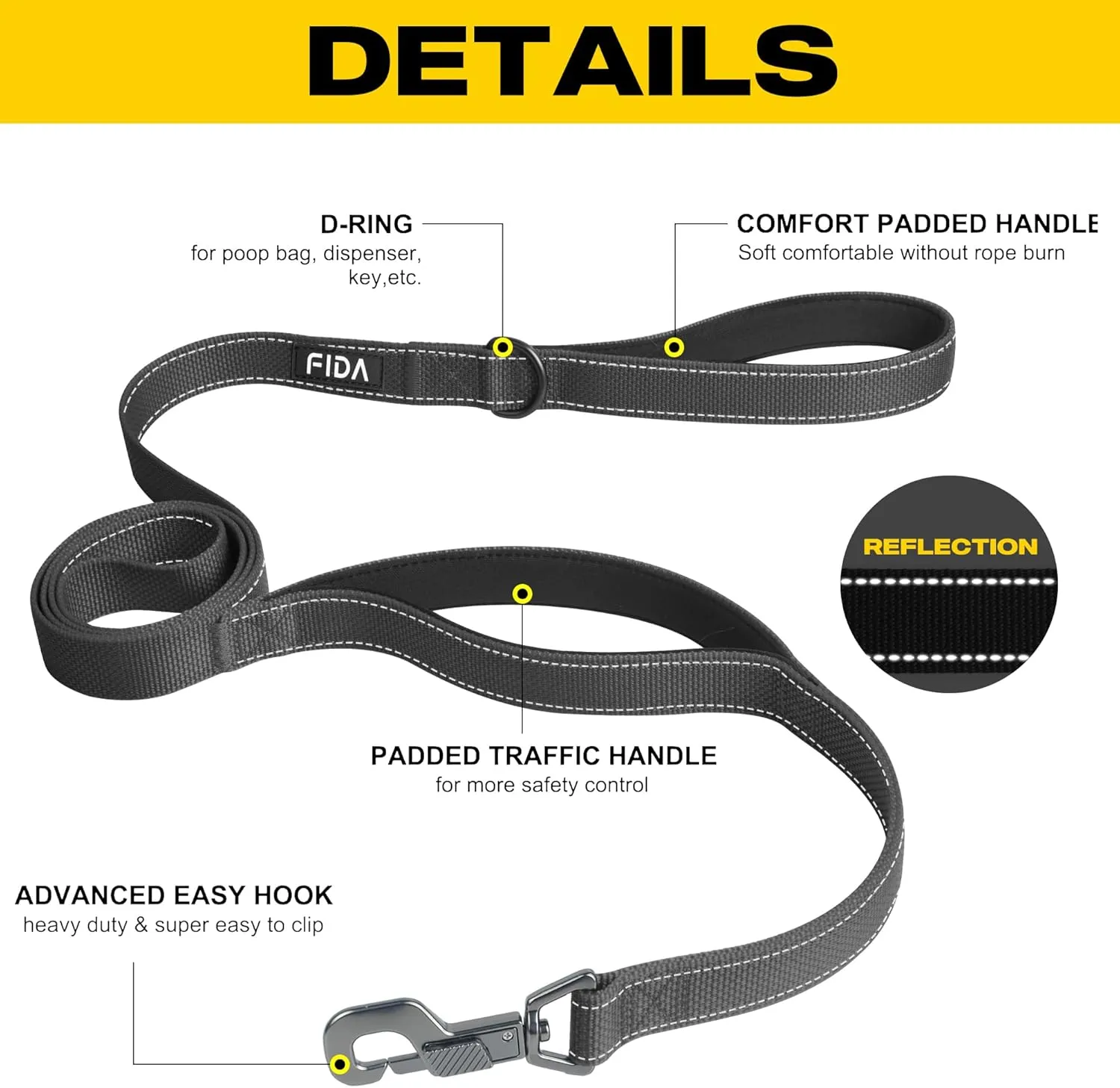 Fida 4 FT Heavy Duty Dog Leash with 2 Comfortable Padded Handles, Traffic Handle & Advanced Easy Snap Hook, Reflective Walking Lead for Large, Medium & Small Breed Dogs (4 FT x 1" Wide, Black)