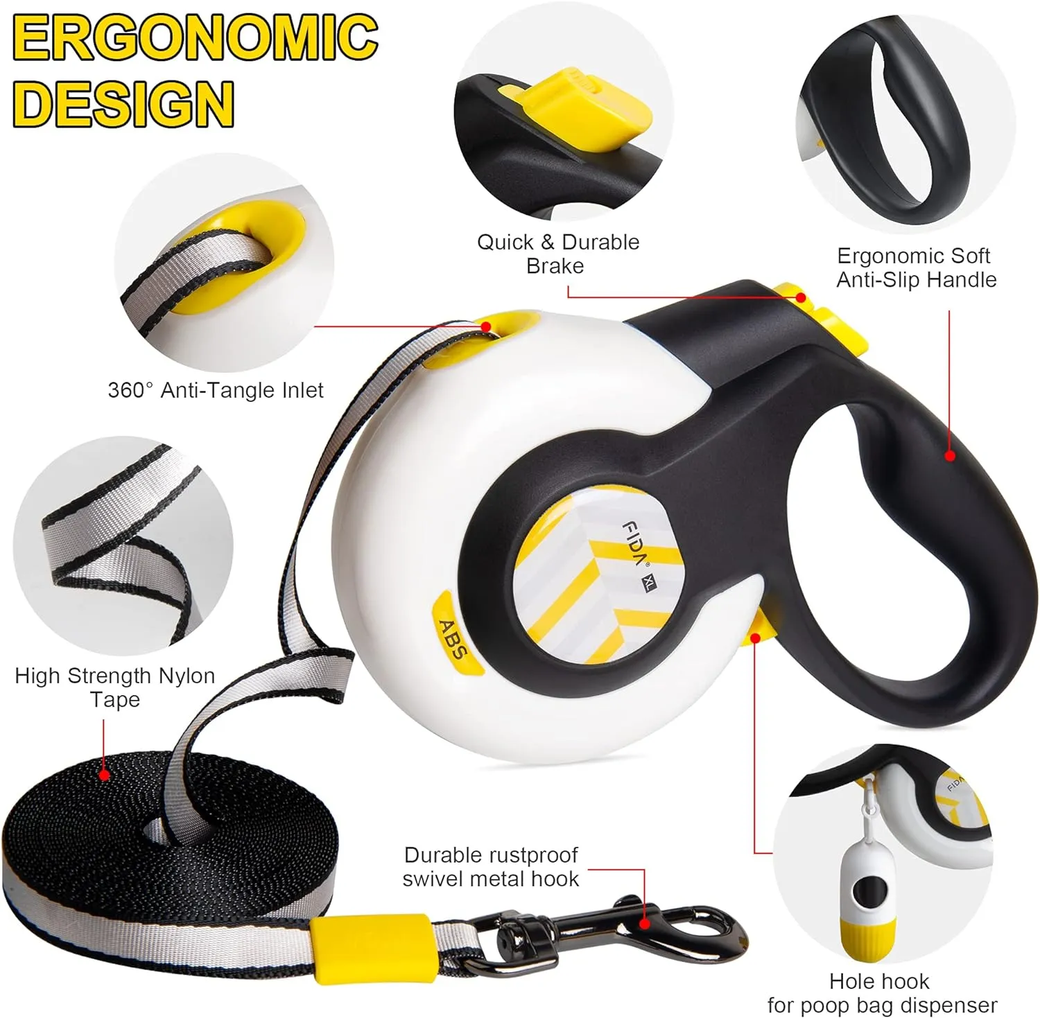 Fida AutoBrake Retractable Dog Leash. Advanced Patented Design for Dog Pulling, 16 ft Heavy Duty No Pull Pet Walking Leash for Extra Large Breeds. Tangle Free, Soft Grip, X-Large Size.