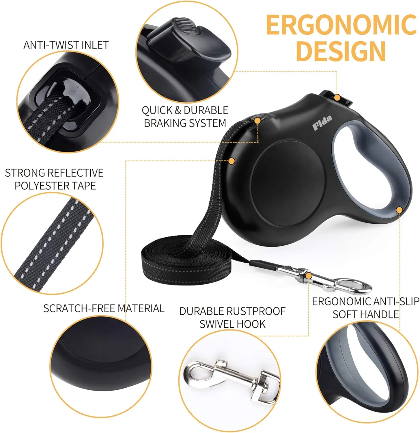 Fida Retractable Dog Leash, 16 ft Dog Walking Leash for Small Dogs up to 26 lbs, 360° Tangle Free, Black