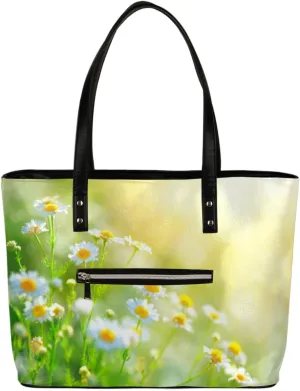 Field Flowers Border Tote Bag Women Shoulder Handbags PU Leather Everyday Bag with External Pocket Large Capacity Aesthetic Corduroy Tote Bag for Travel Work Party
