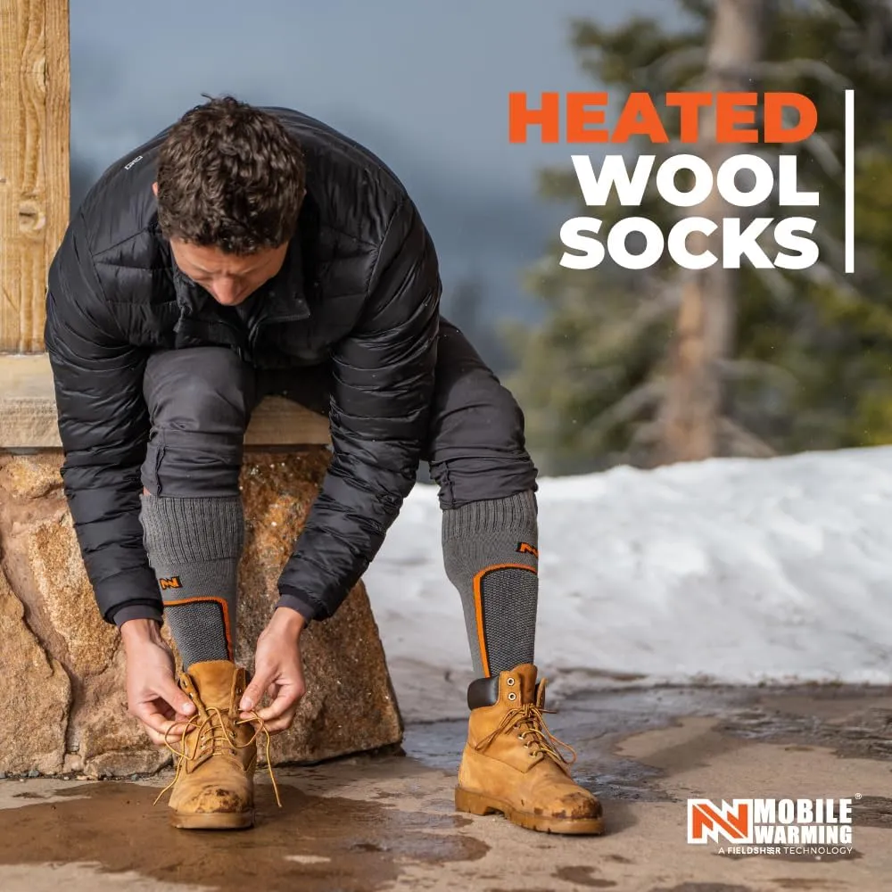 Fieldsheer Unisex Wool Heated Socks for Men and Women with 11-Hour Capacity, Bluetooth Control, Zippered Battery Compartment, and Arch Support - Calf Length - Dark Grey