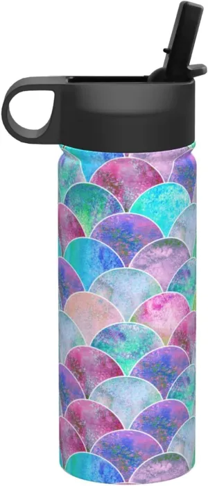 Fish Scale Ocean Print Flask Stainless Steel Water Bottle with Straw 18OZ FOR Outdoor Gym Commute