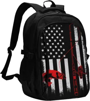 Fishing Fish American Flag Travel Backpack Laptop Backpacks Business Rucksack Outdoor Daypack Large Sport Bag with Luggage Strap USB Charging Port for Hiking Working