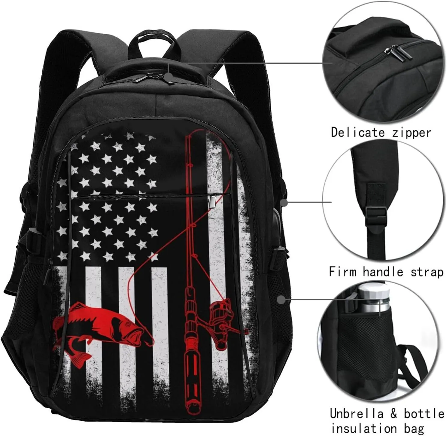 Fishing Fish American Flag Travel Backpack Laptop Backpacks Business Rucksack Outdoor Daypack Large Sport Bag with Luggage Strap USB Charging Port for Hiking Working