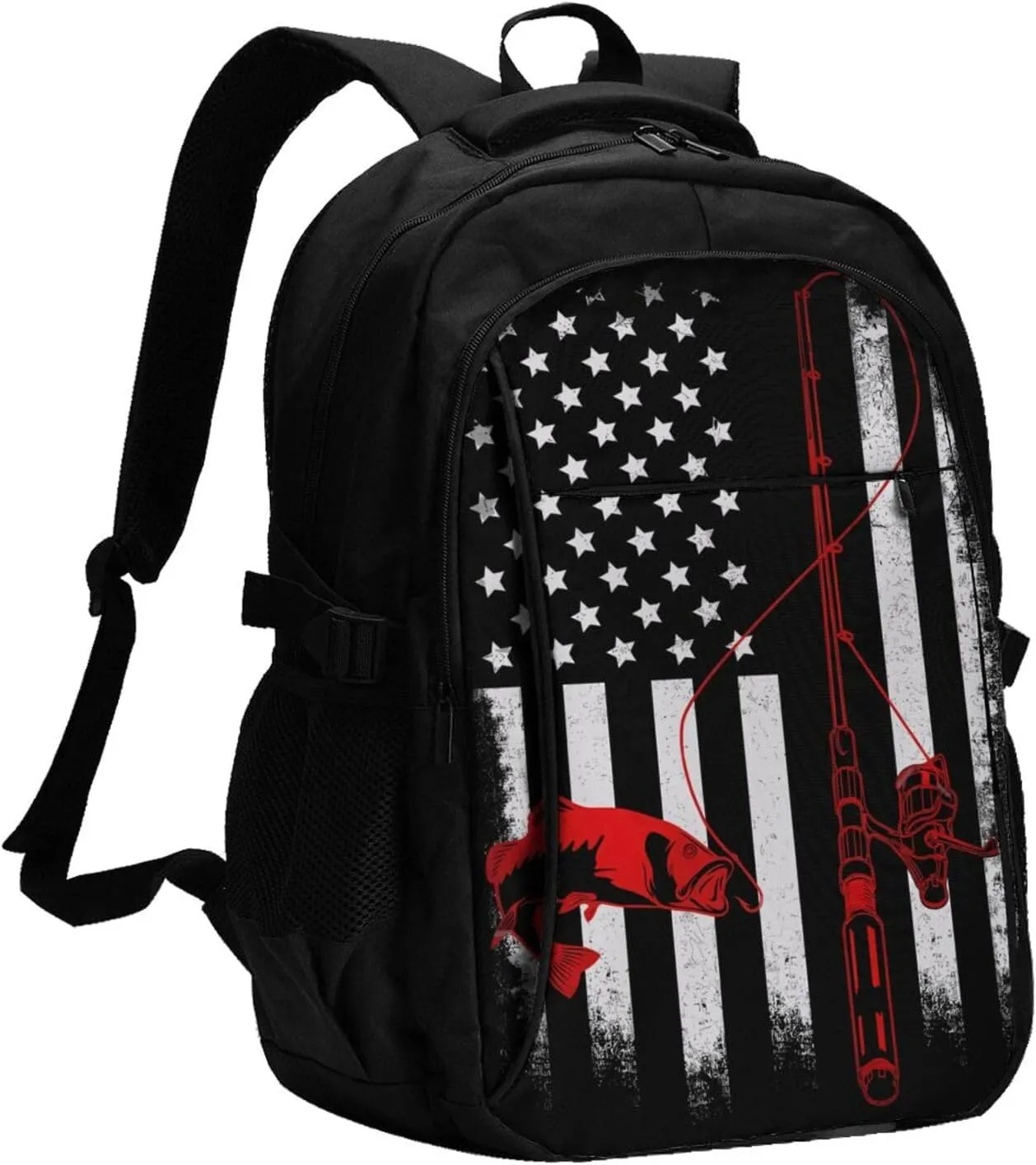 Fishing Fish American Flag Travel Backpack Laptop Backpacks Business Rucksack Outdoor Daypack Large Sport Bag with Luggage Strap USB Charging Port for Hiking Working