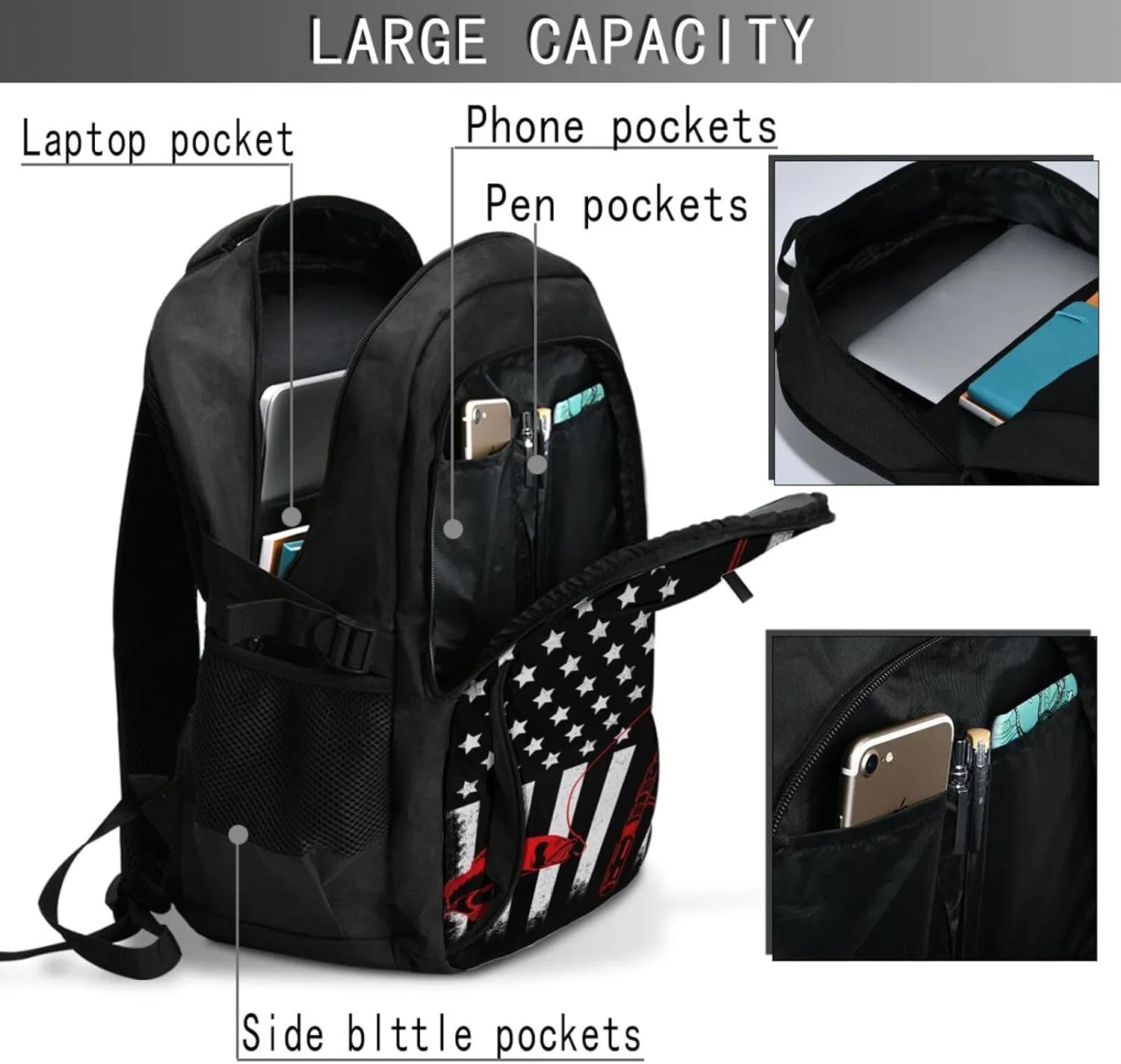 Fishing Fish American Flag Travel Backpack Laptop Backpacks Business Rucksack Outdoor Daypack Large Sport Bag with Luggage Strap USB Charging Port for Hiking Working