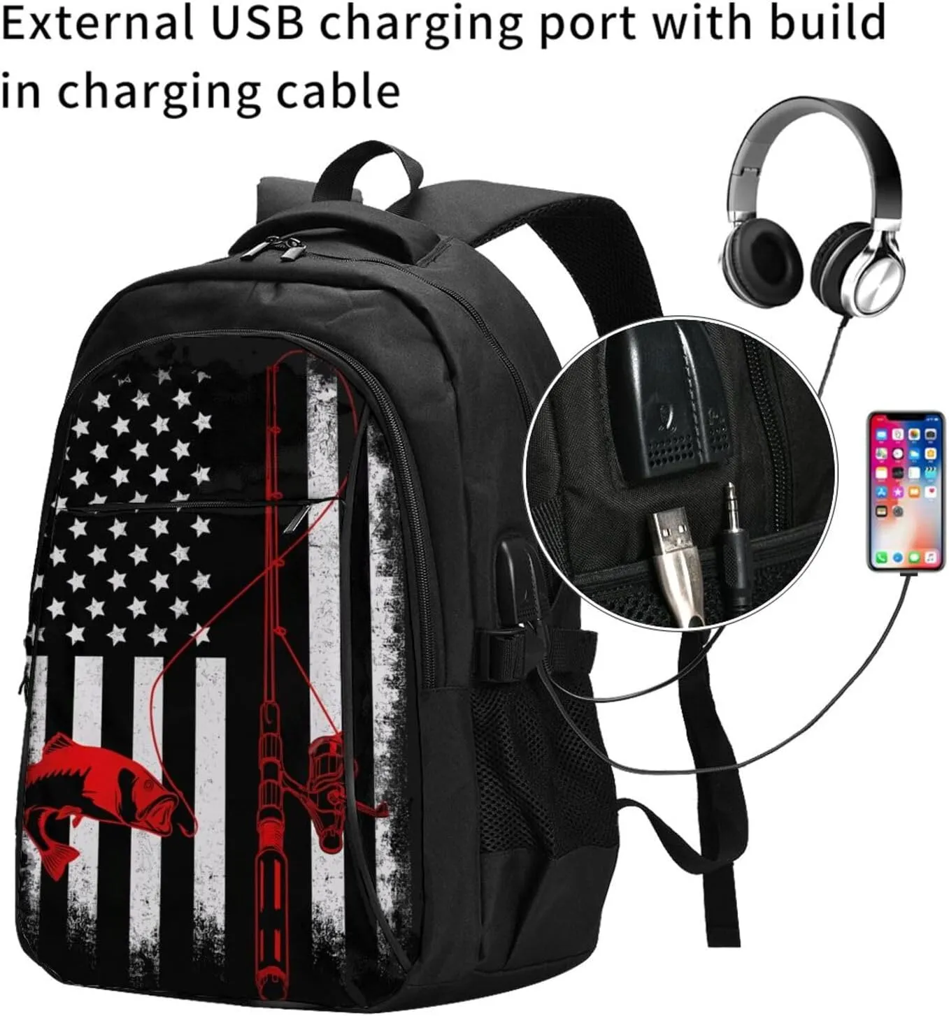 Fishing Fish American Flag Travel Backpack Laptop Backpacks Business Rucksack Outdoor Daypack Large Sport Bag with Luggage Strap USB Charging Port for Hiking Working