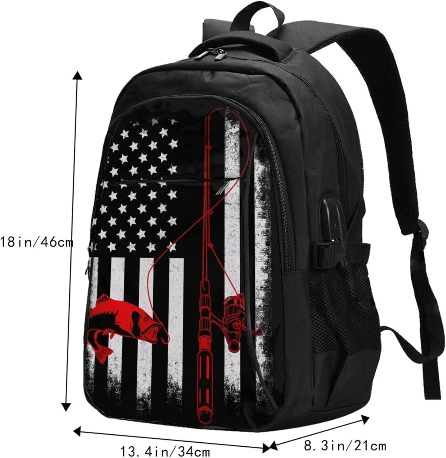 Fishing Fish American Flag Travel Backpack Laptop Backpacks Business Rucksack Outdoor Daypack Large Sport Bag with Luggage Strap USB Charging Port for Hiking Working