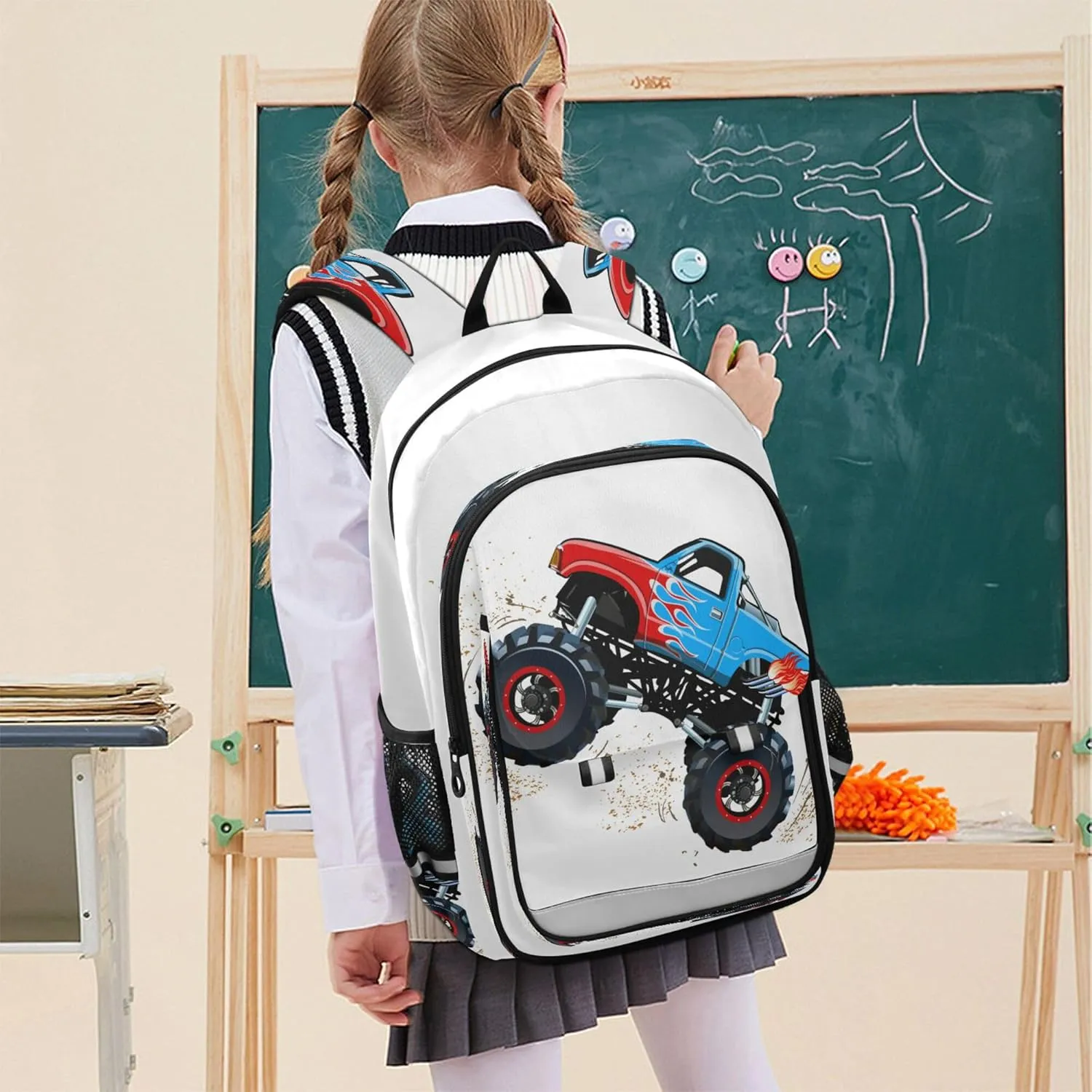 Fisyme Cartoon Monster Truck School Backpack Laptop Backpack Bags Bookbag Travel Casual Computer Notebooks Daypack