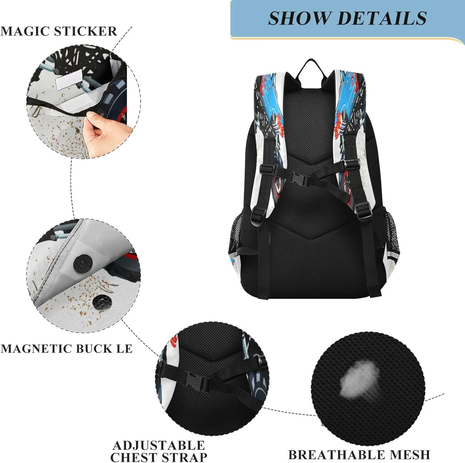 Fisyme Cartoon Monster Truck School Backpack Laptop Backpack Bags Bookbag Travel Casual Computer Notebooks Daypack