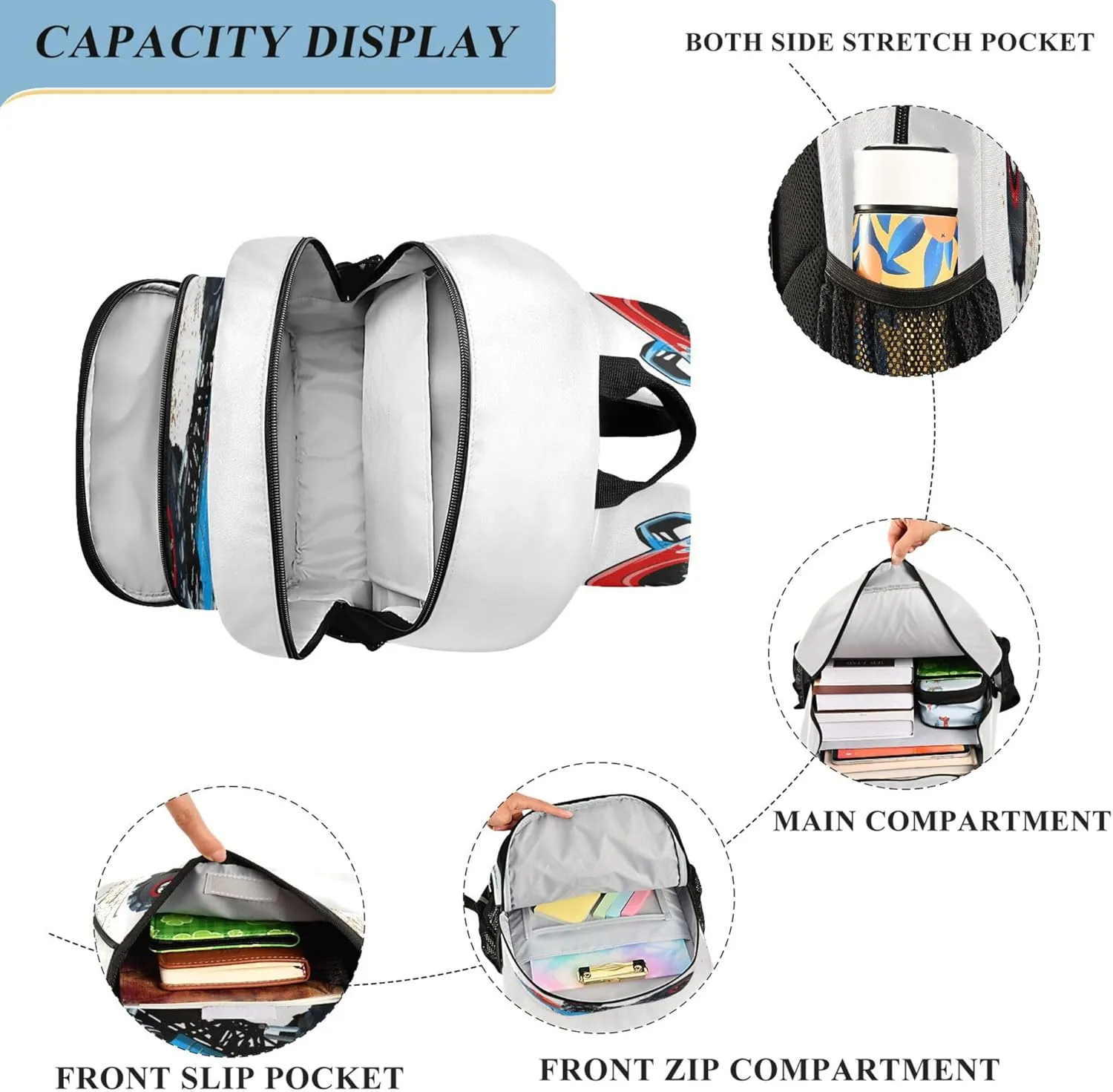 Fisyme Cartoon Monster Truck School Backpack Laptop Backpack Bags Bookbag Travel Casual Computer Notebooks Daypack