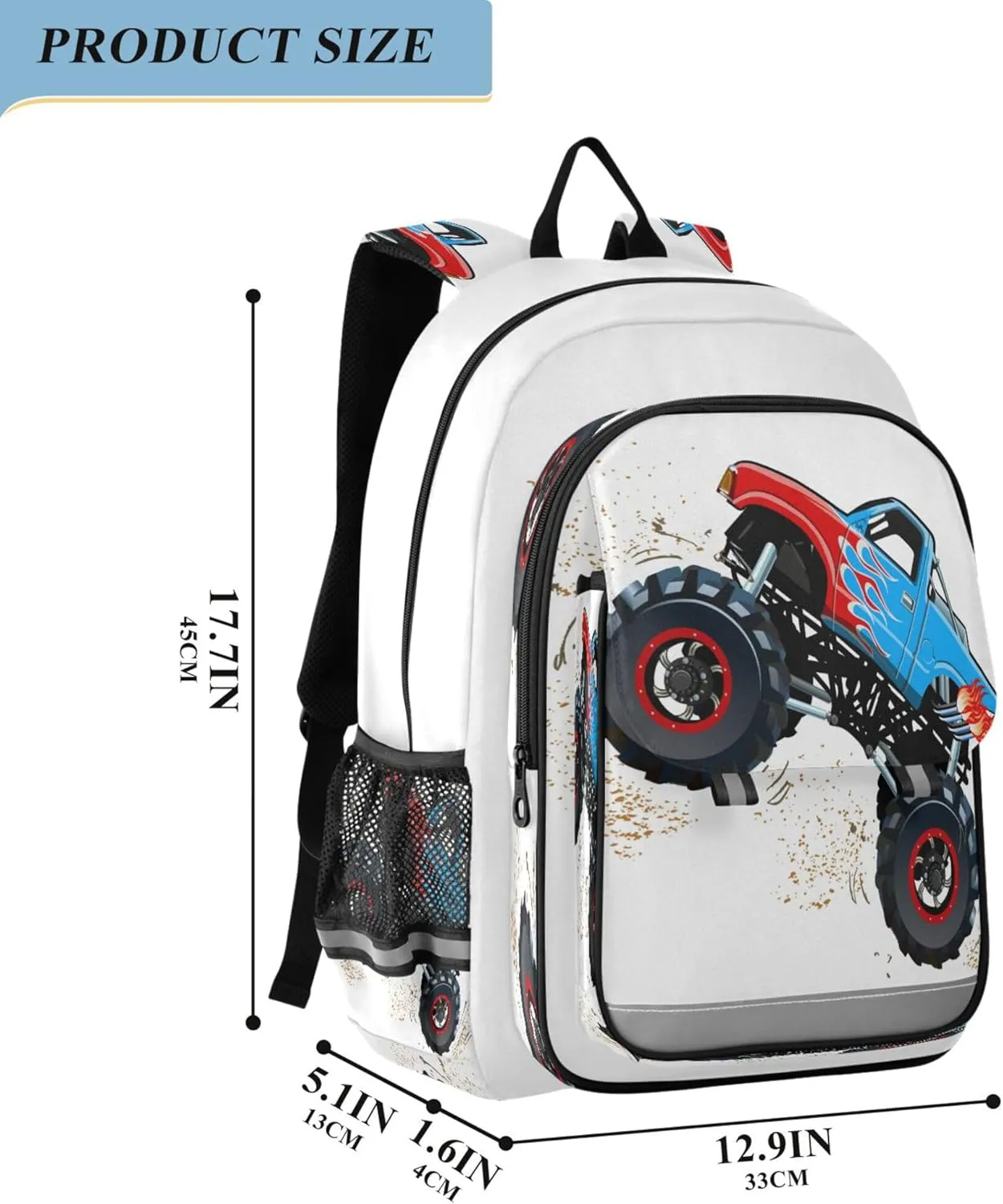 Fisyme Cartoon Monster Truck School Backpack Laptop Backpack Bags Bookbag Travel Casual Computer Notebooks Daypack