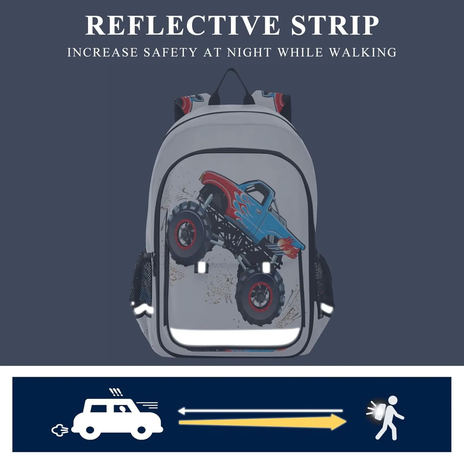 Fisyme Cartoon Monster Truck School Backpack Laptop Backpack Bags Bookbag Travel Casual Computer Notebooks Daypack