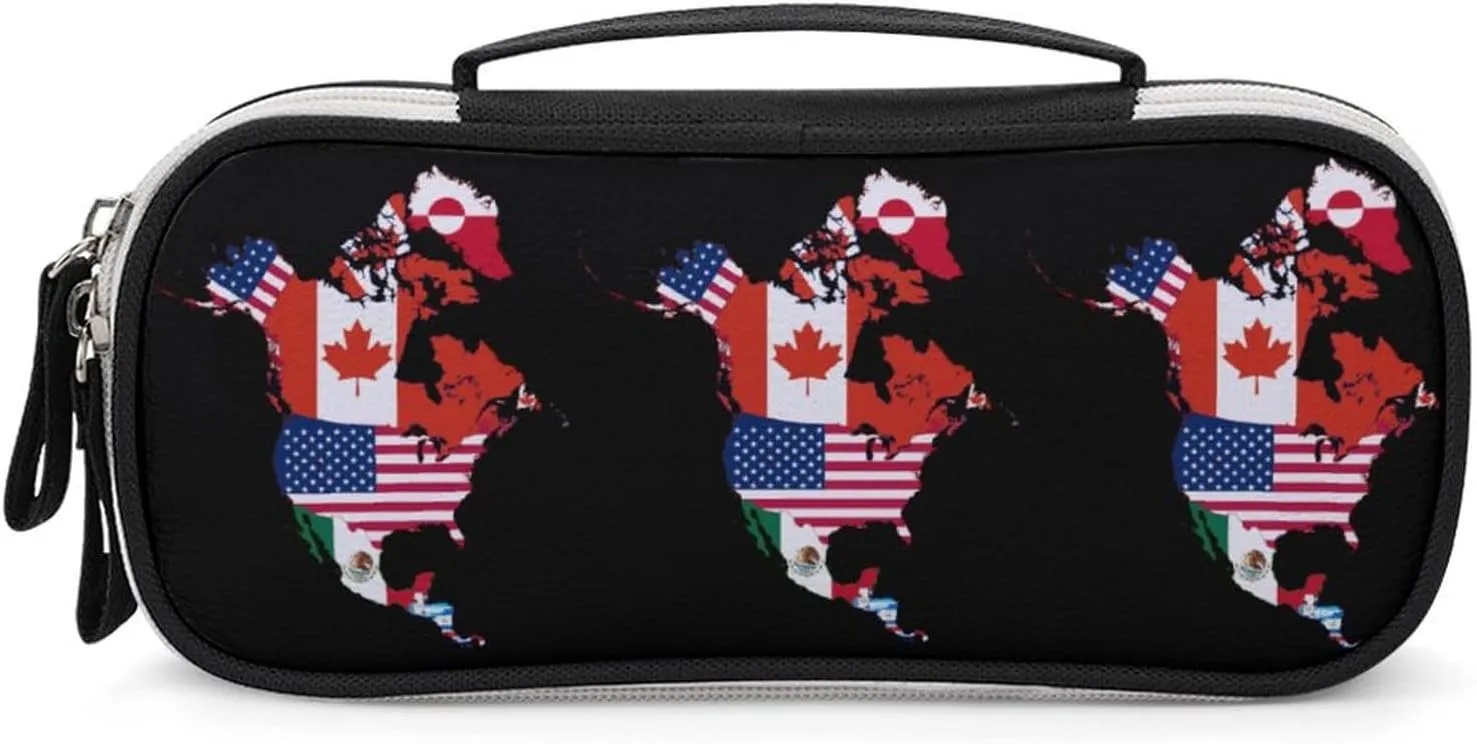 Flag Map of North America Printed Pencil Bag Travel Makeup Bags Small Cosmetic Organizer for Men Women