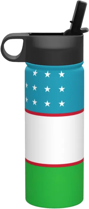 Flag of the Republic of Uzbekistan Print Flask Stainless Steel Water Bottle with Straw 18OZ FOR Outdoor Gym Commute