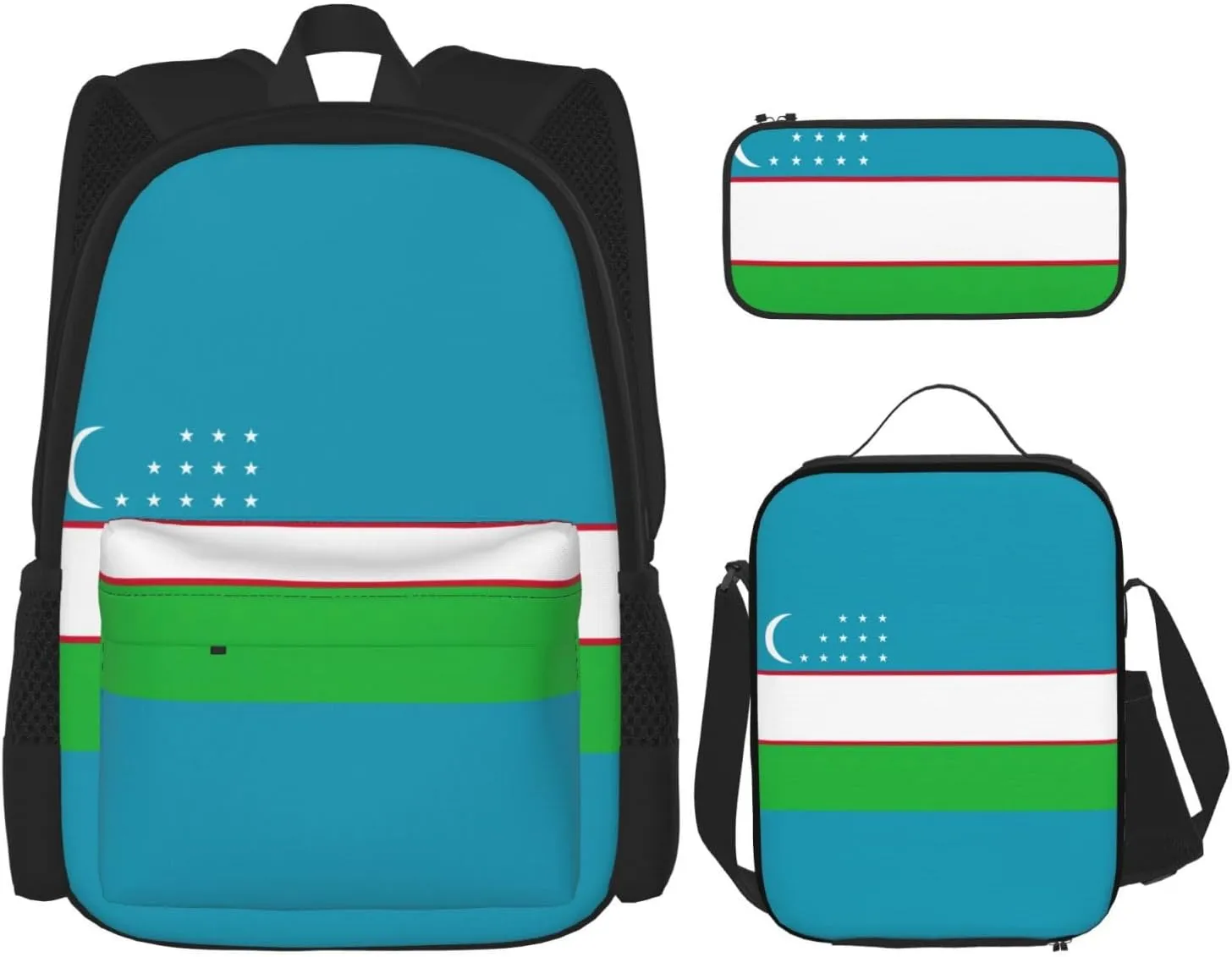 Flag Of The Republic Of Uzbekistan Print Stylish Travel Backpack And Lunch Box Set,600d Oxford Fabric,With Insulated Lunch Bag