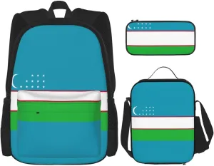 Flag Of The Republic Of Uzbekistan Print Stylish Travel Backpack And Lunch Box Set,600d Oxford Fabric,With Insulated Lunch Bag