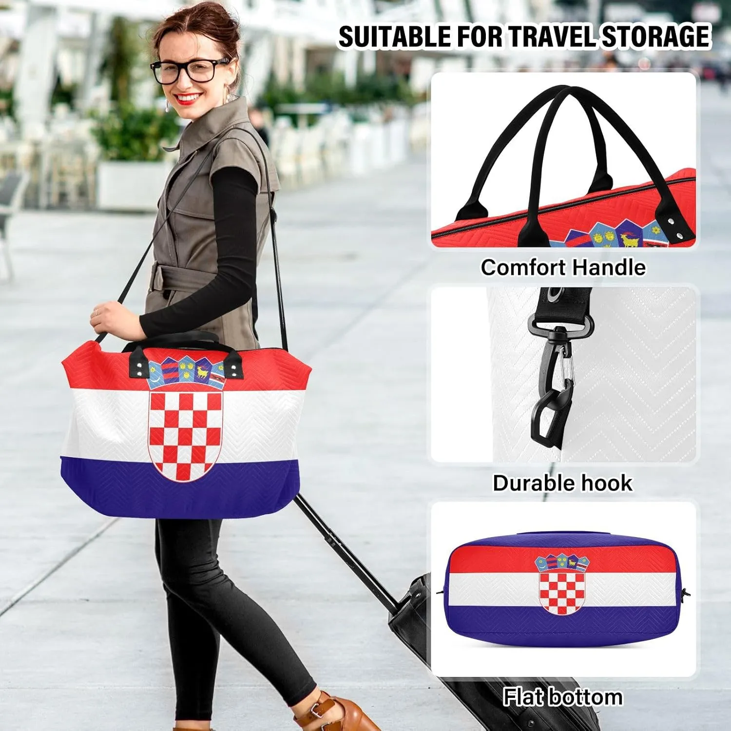 Flag Travel Duffle Bag Quilt Gym Bag Weekender Bags Overnight Bag Carry On Bag with Make Up Bag for Trip Women Ladies Airplane Travel Essentials Gifts