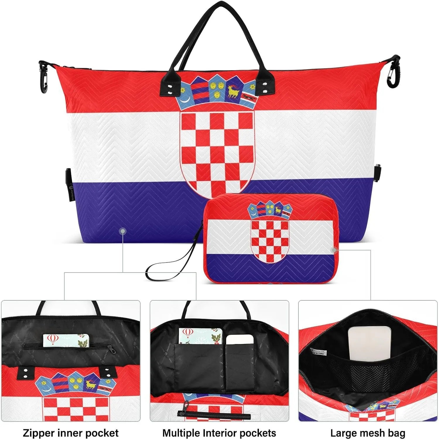 Flag Travel Duffle Bag Quilt Gym Bag Weekender Bags Overnight Bag Carry On Bag with Make Up Bag for Trip Women Ladies Airplane Travel Essentials Gifts