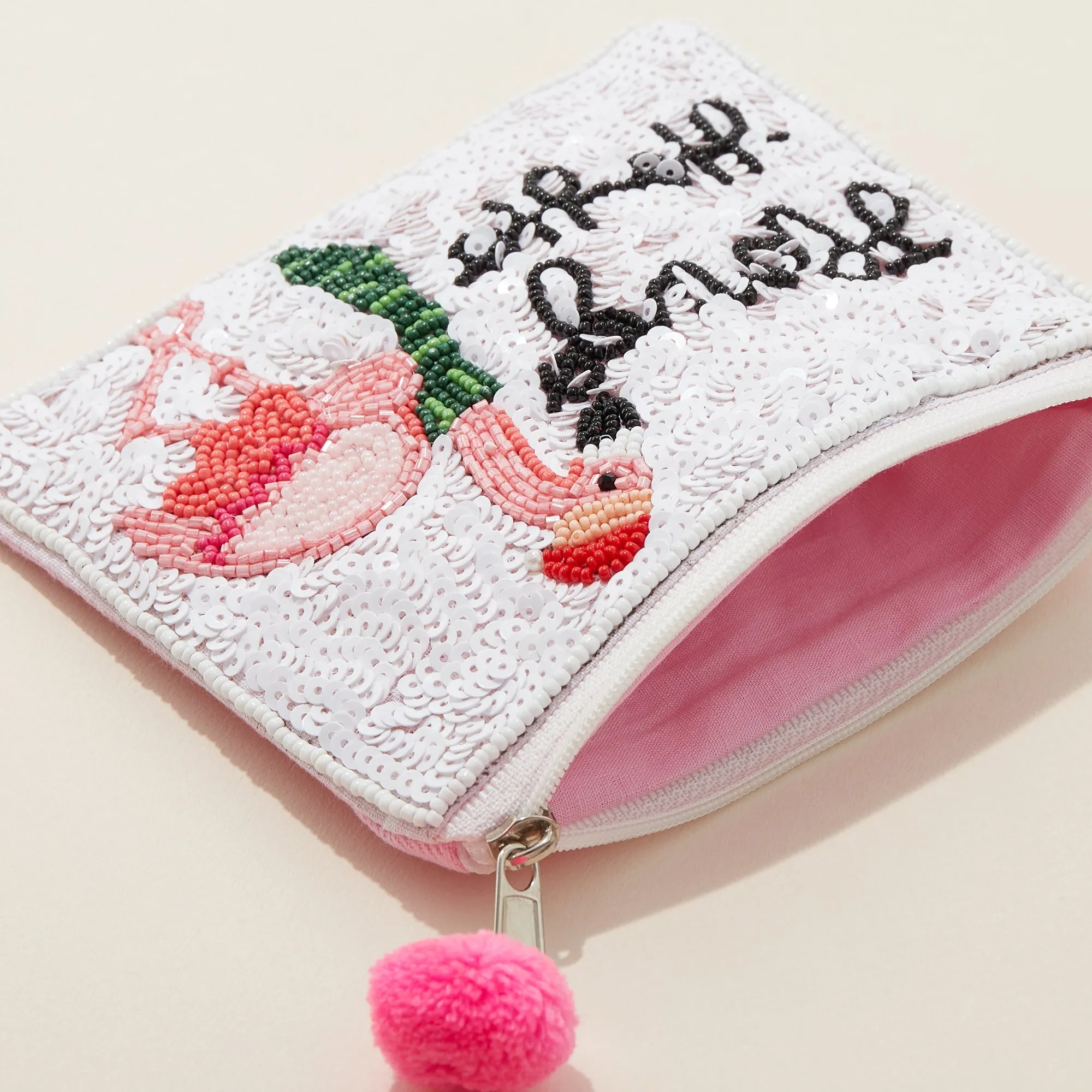 Flamingo Ho Ho Seed Bead Canvas Pouch with a Pom