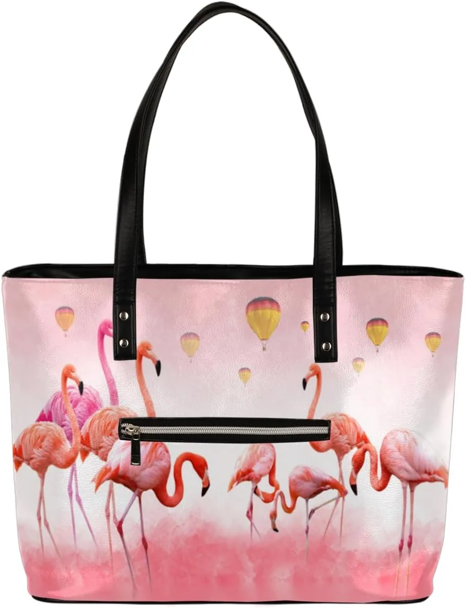 Flamingo Pink Bird Tote Bag Women Shoulder Handbags PU Leather Everyday Bag with External Pocket Large Capacity Aesthetic Corduroy Tote Bag for Travel Work Party