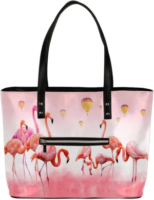 Flamingo Pink Bird Tote Bag Women Shoulder Handbags PU Leather Everyday Bag with External Pocket Large Capacity Aesthetic Corduroy Tote Bag for Travel Work Party