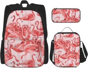 Flamingo Print Versatile Adjustable Shoulder Fashion Backpack Lunch Bag Pencil Case Large Capacity