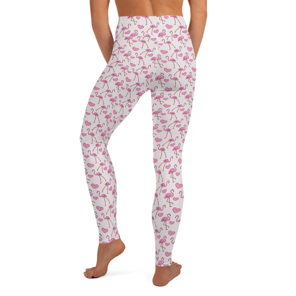 Flamingos and Hearts High-waist Yoga Leggings