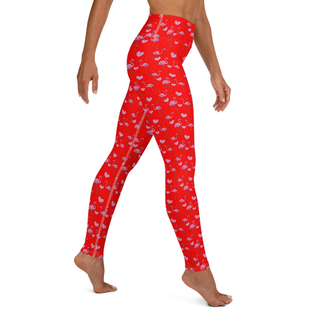 Flamingos and Hearts High-waist Yoga Leggings